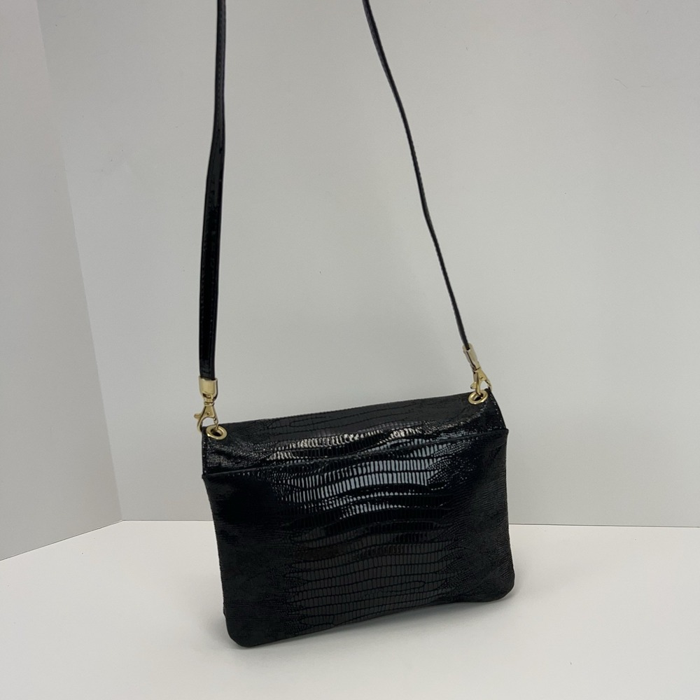 Vtg DUE FRATELLI Leather Purse Black Croc Embossed Crossbody Clutch Bag Classic - Picture 14 of 15